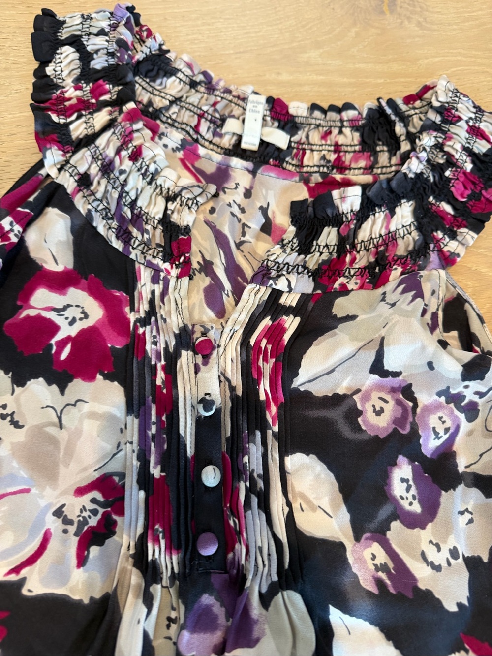 Joie Floral Smocked Ruffle Neck Blouse in Black, Cream & Berry